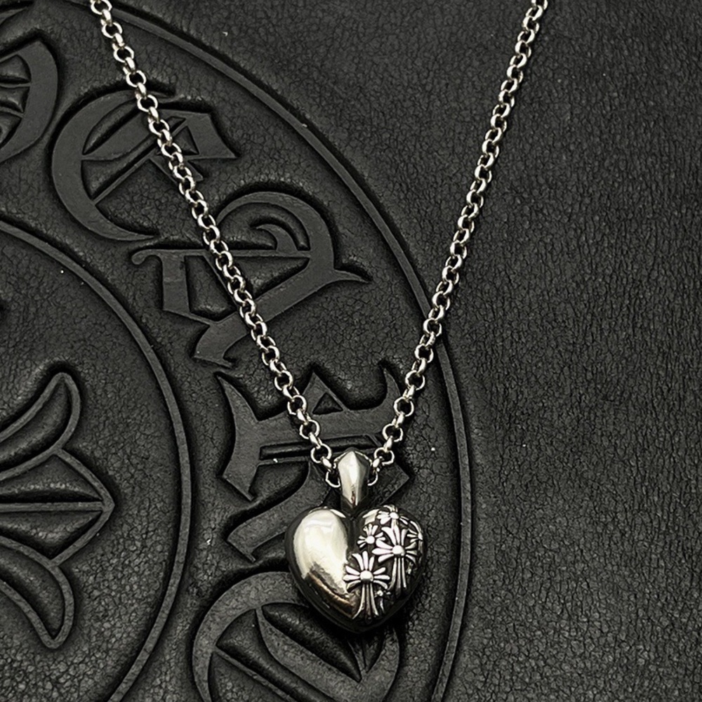 Chrome Hearts Silver Heart Pendant Necklace with Floral Motif